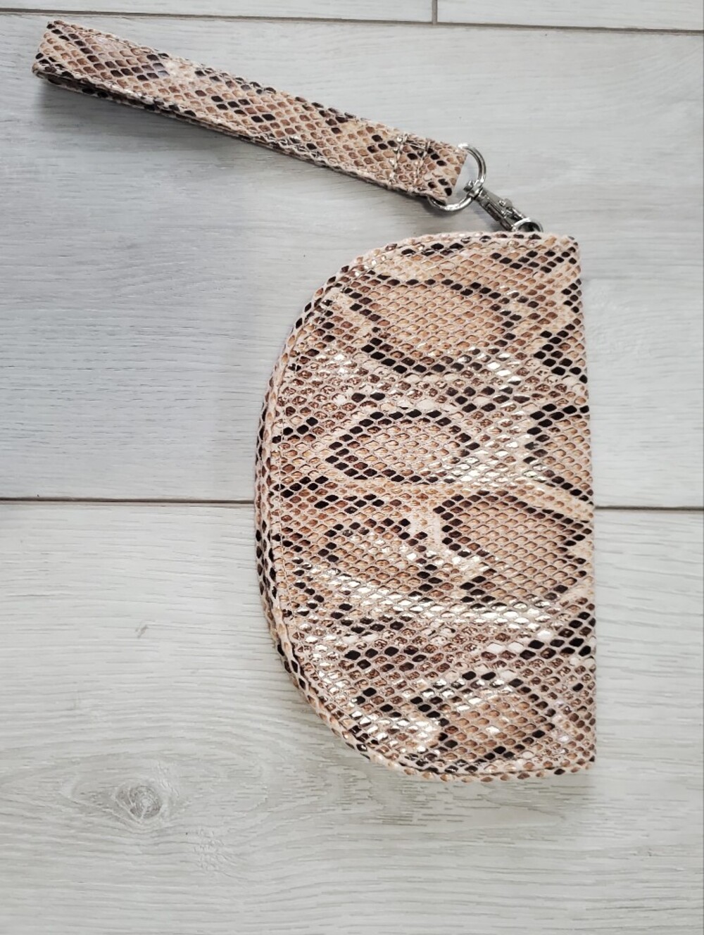 Faux Snakeskin-Print Wristlet Clutch in Beige Edgy Statement Trendy